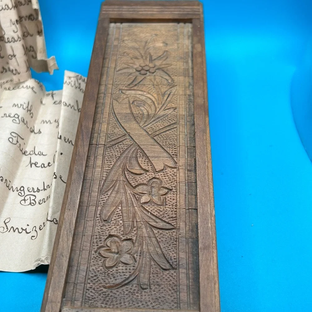 Vintage Swiss hand carved wood pen box and pen includes handwritten letter, folk